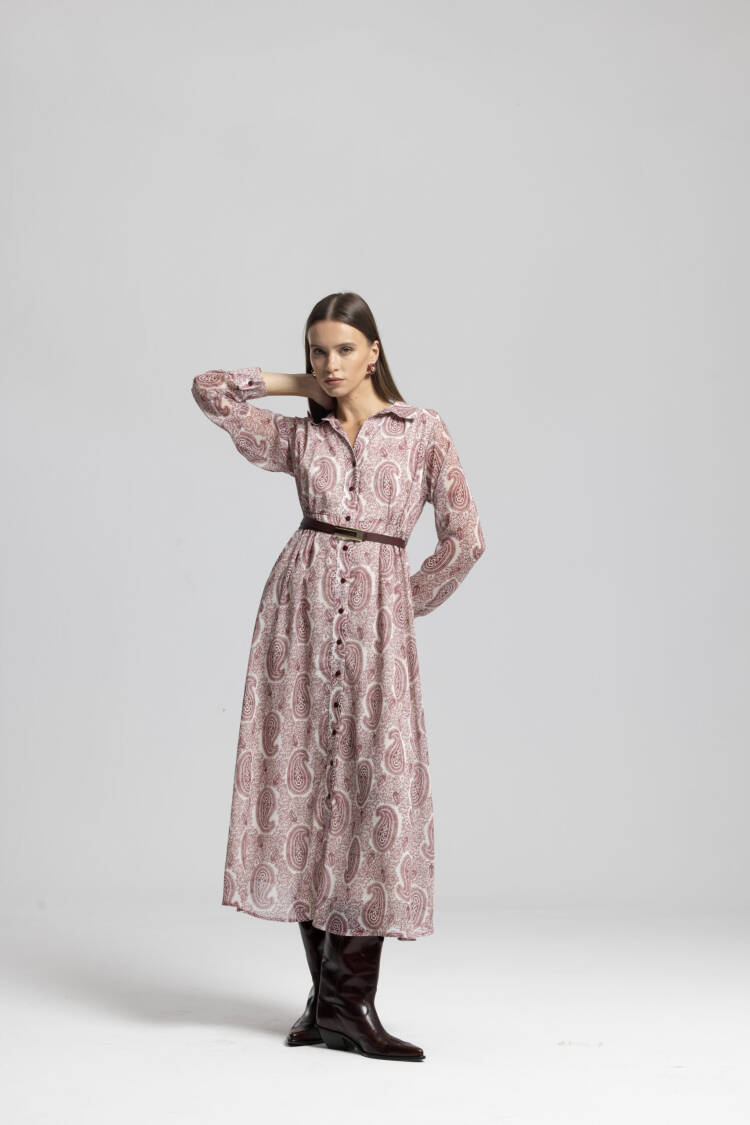 Pink Vintage Paisley Shirt Dress Midi Long Sleeve