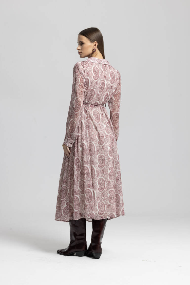 Pink Vintage Paisley Shirt Dress Midi Long Sleeve