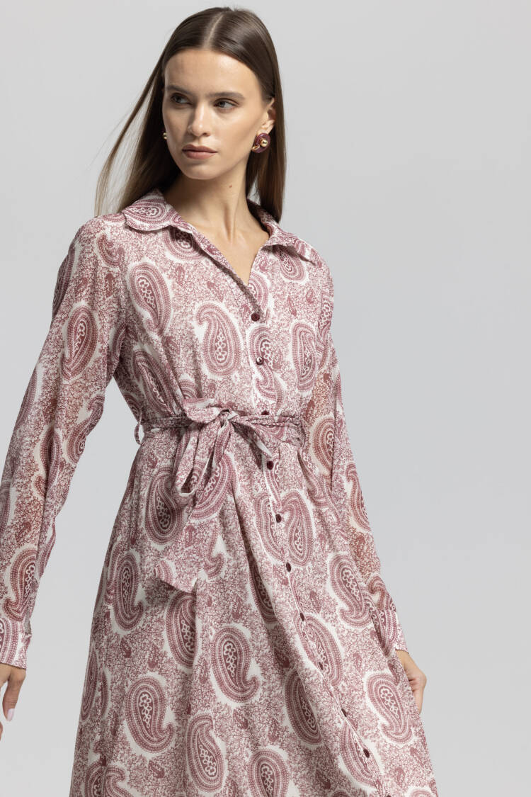 Pink Vintage Paisley Shirt Dress Midi Long Sleeve