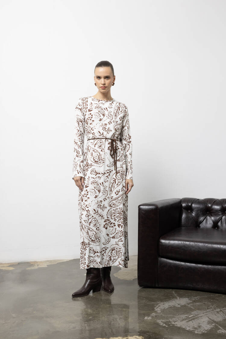 White Paisley Maxi A-Line Dress With Long Sleeves