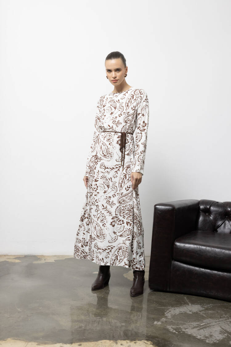 White Paisley Maxi A-Line Dress With Long Sleeves