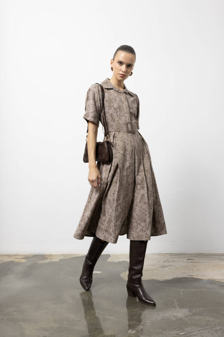 Brown Vintage Floral Shirt Dress - Midi Shawl Collar - Brand: Cream Rouge - Women & Kids, Baby Clothes Wholesale - Globality Store