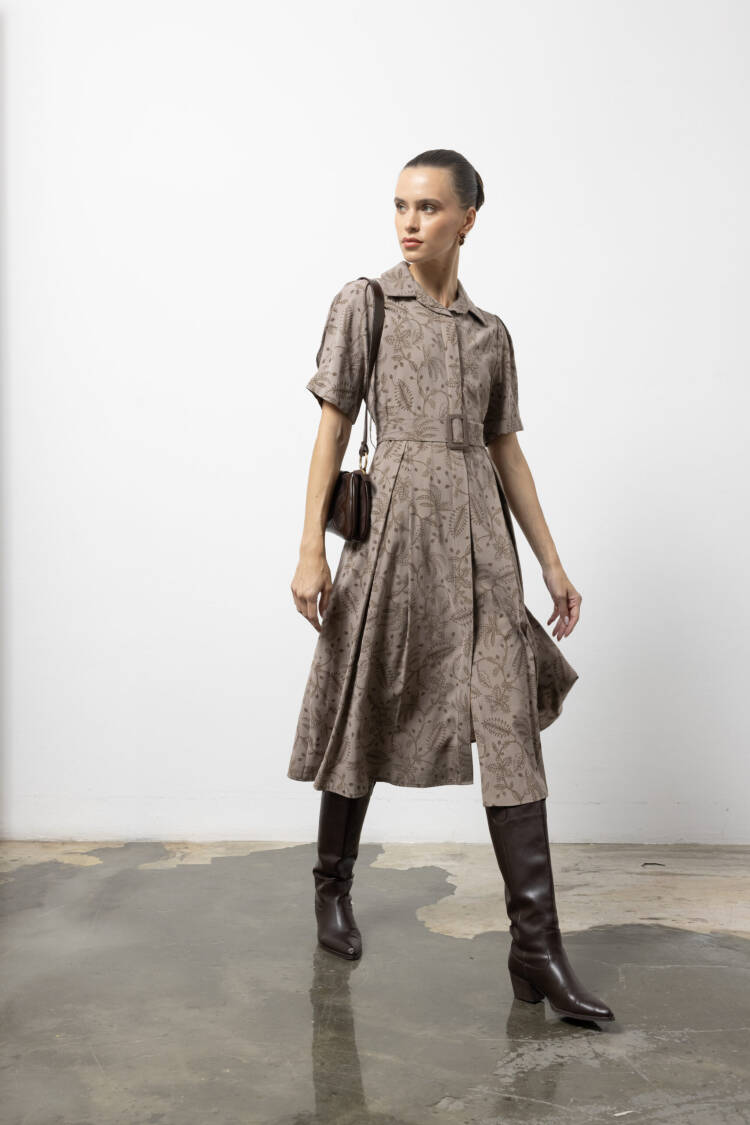 Brown Vintage Floral Shirt Dress - Midi Shawl Collar