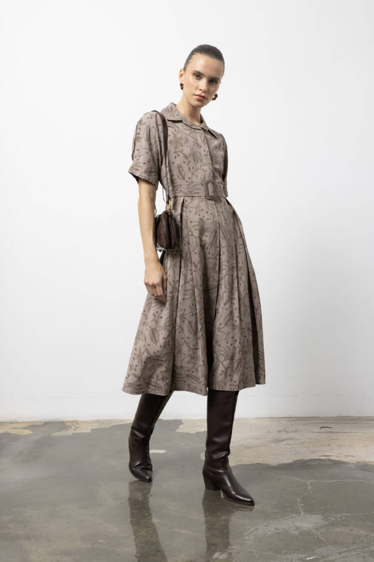 Brown Vintage Floral Shirt Dress - Midi Shawl Collar