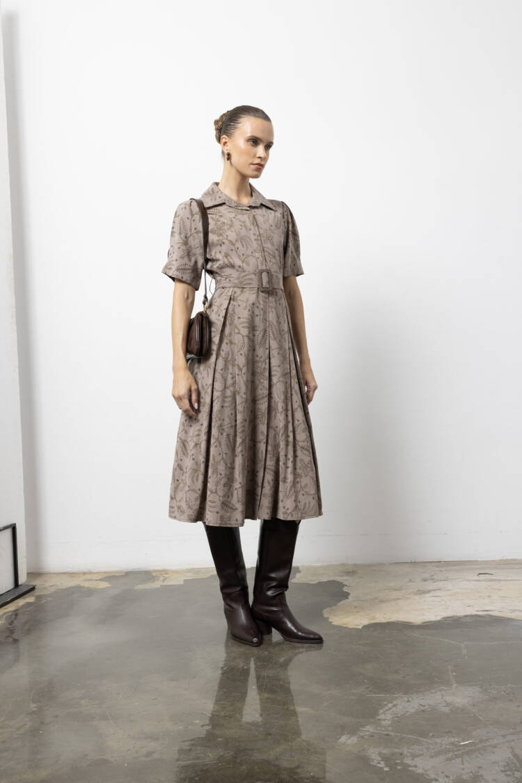 Brown Vintage Floral Shirt Dress - Midi Shawl Collar