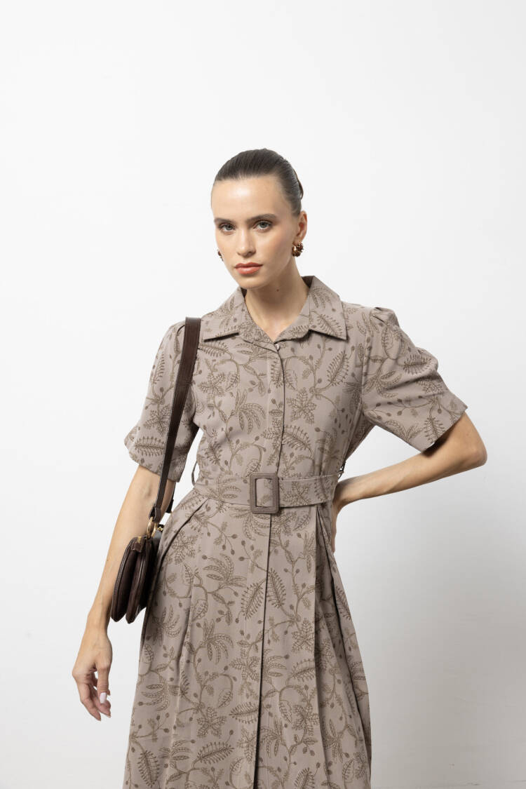 Brown Vintage Floral Shirt Dress - Midi Shawl Collar