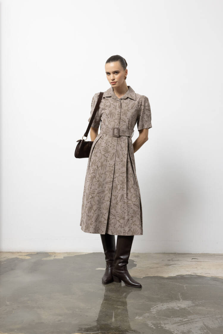 Brown Vintage Floral Shirt Dress - Midi Shawl Collar