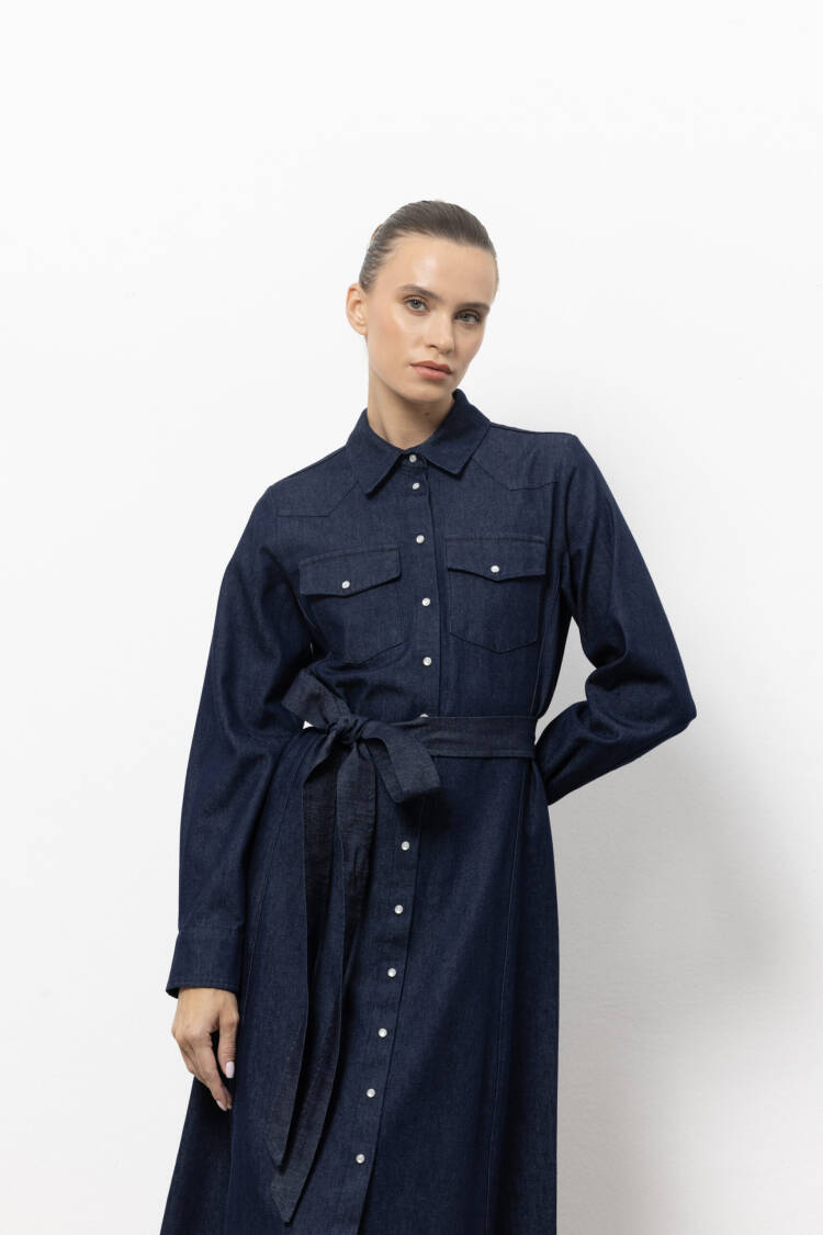 Navy Blue Maxi Shirt Dress With Notched Neck - Brand: Cream Rouge - Women & Kids, Baby Clothes Wholesale - Globality Store