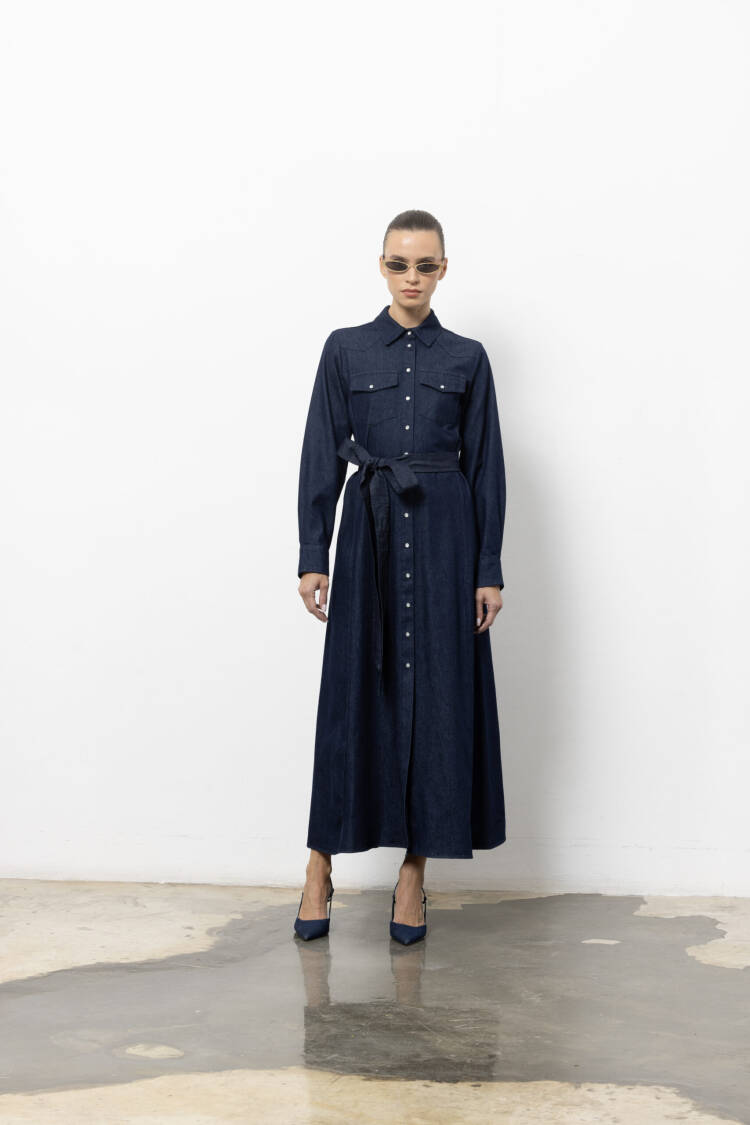 Navy Blue Maxi Shirt Dress With Notched Neck