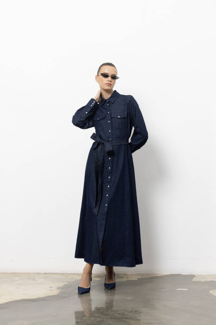 Navy Blue Maxi Shirt Dress With Notched Neck