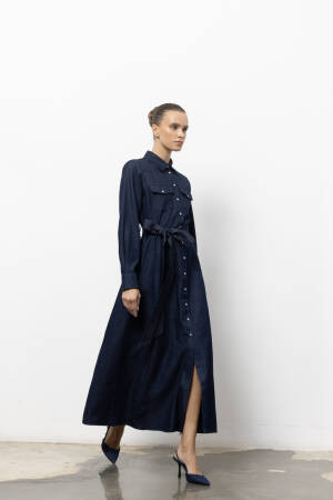 Navy Blue Maxi Shirt Dress With Notched Neck - Brand: Cream Rouge - Women & Kids, Baby Clothes Wholesale - Globality Store