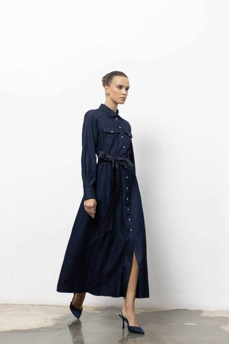 Navy Blue Maxi Shirt Dress With Notched Neck