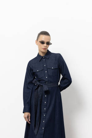 Navy Blue Maxi Shirt Dress With Notched Neck - Brand: Cream Rouge - Women & Kids, Baby Clothes Wholesale - Globality Store