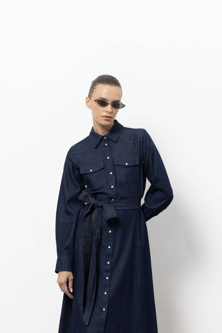 Navy Blue Maxi Shirt Dress With Notched Neck
