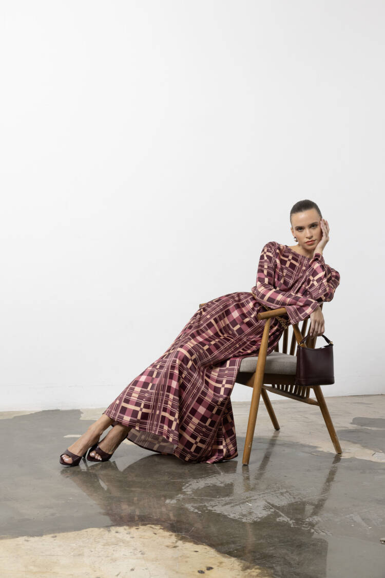 Pink Plaid Elegant A-Line Maxi Dress With Long Sleeves - Brand: Cream Rouge - Women & Kids, Baby Clothes Wholesale - Globality Store