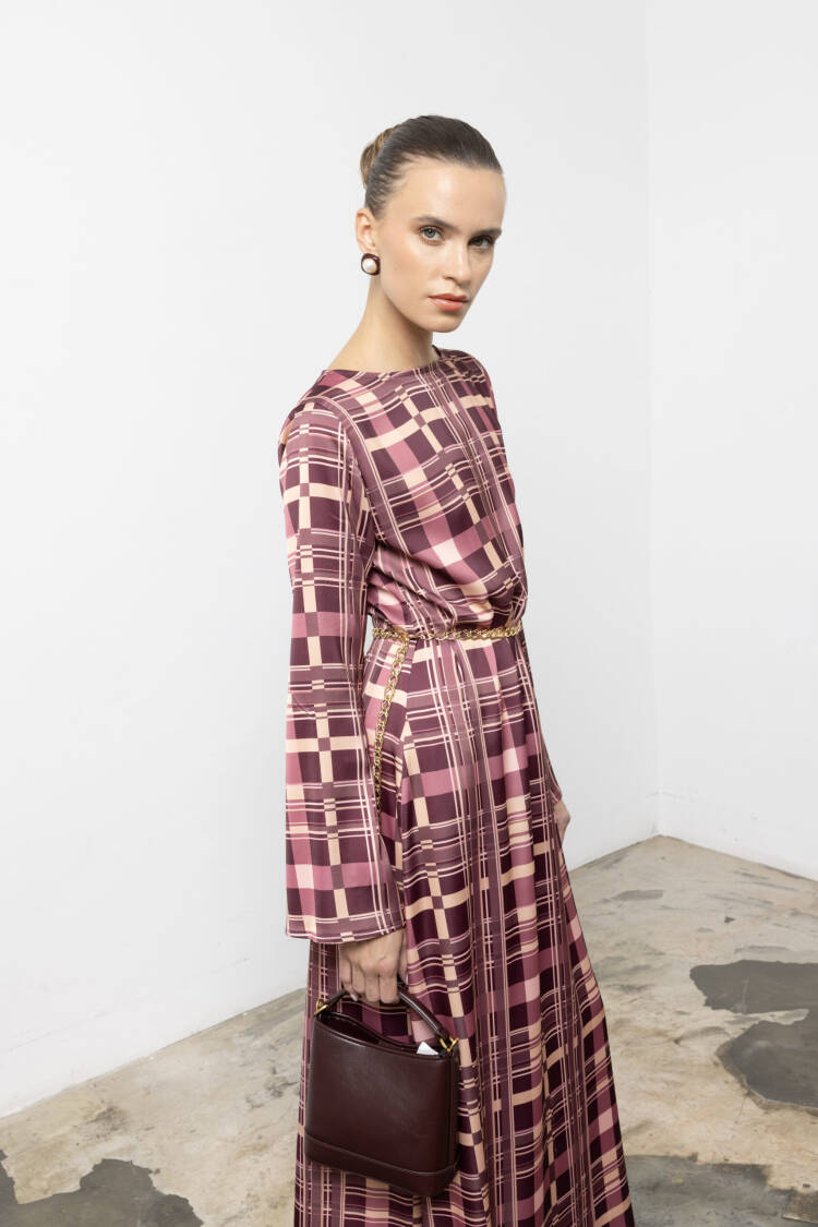 Pink Plaid Elegant A-Line Maxi Dress With Long Sleeves