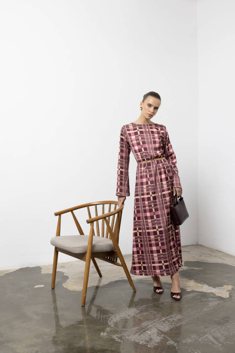 Pink Plaid Elegant A-Line Maxi Dress With Long Sleeves
