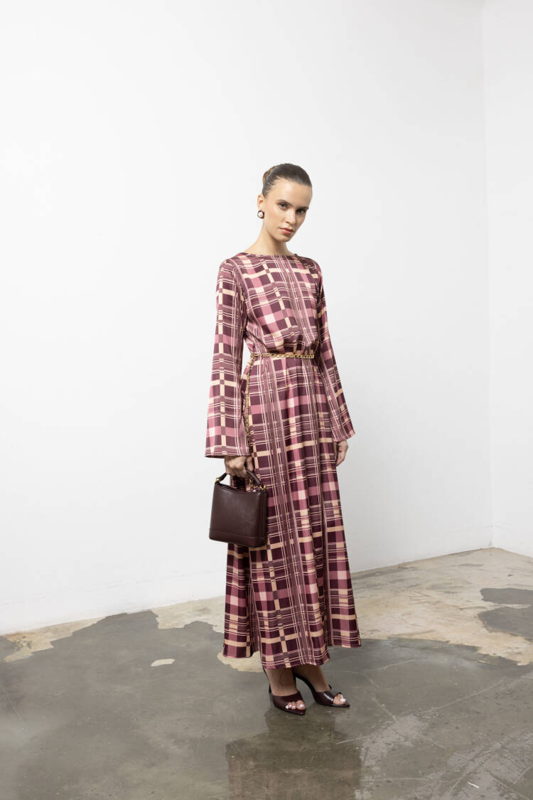 Pink Plaid Elegant A-Line Maxi Dress With Long Sleeves