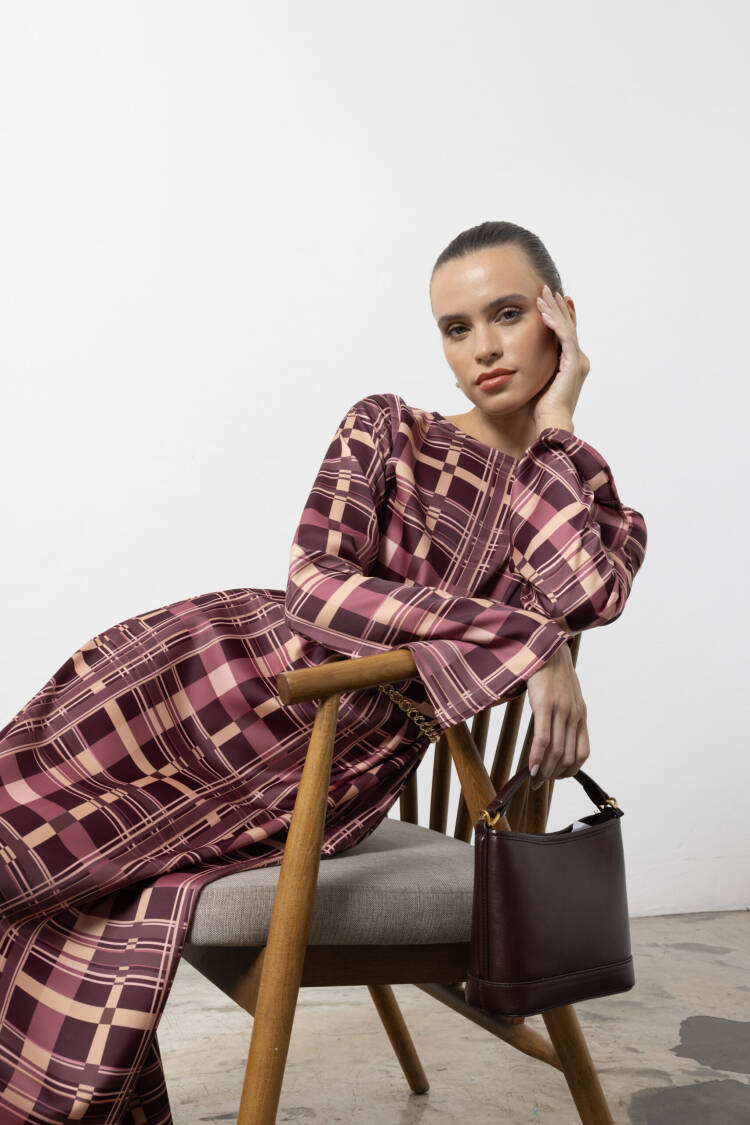 Pink Plaid Elegant A-Line Maxi Dress With Long Sleeves