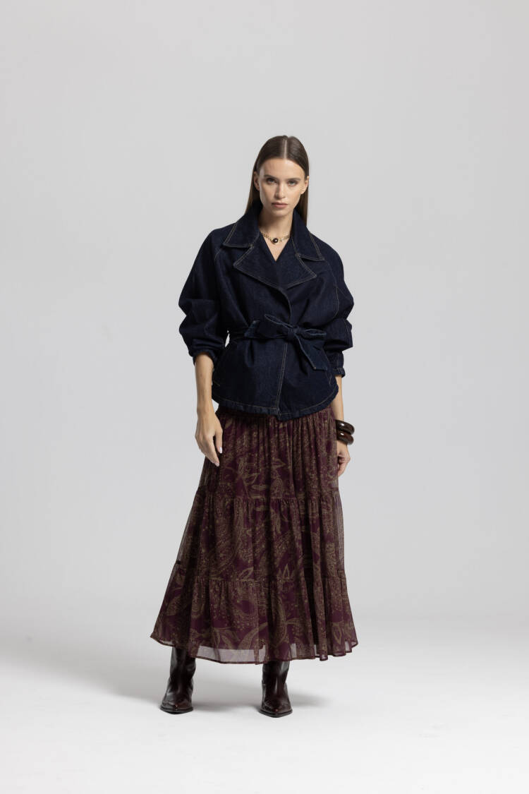 Claret Red Paisley Layered Maxi Boho Skirt High Waist