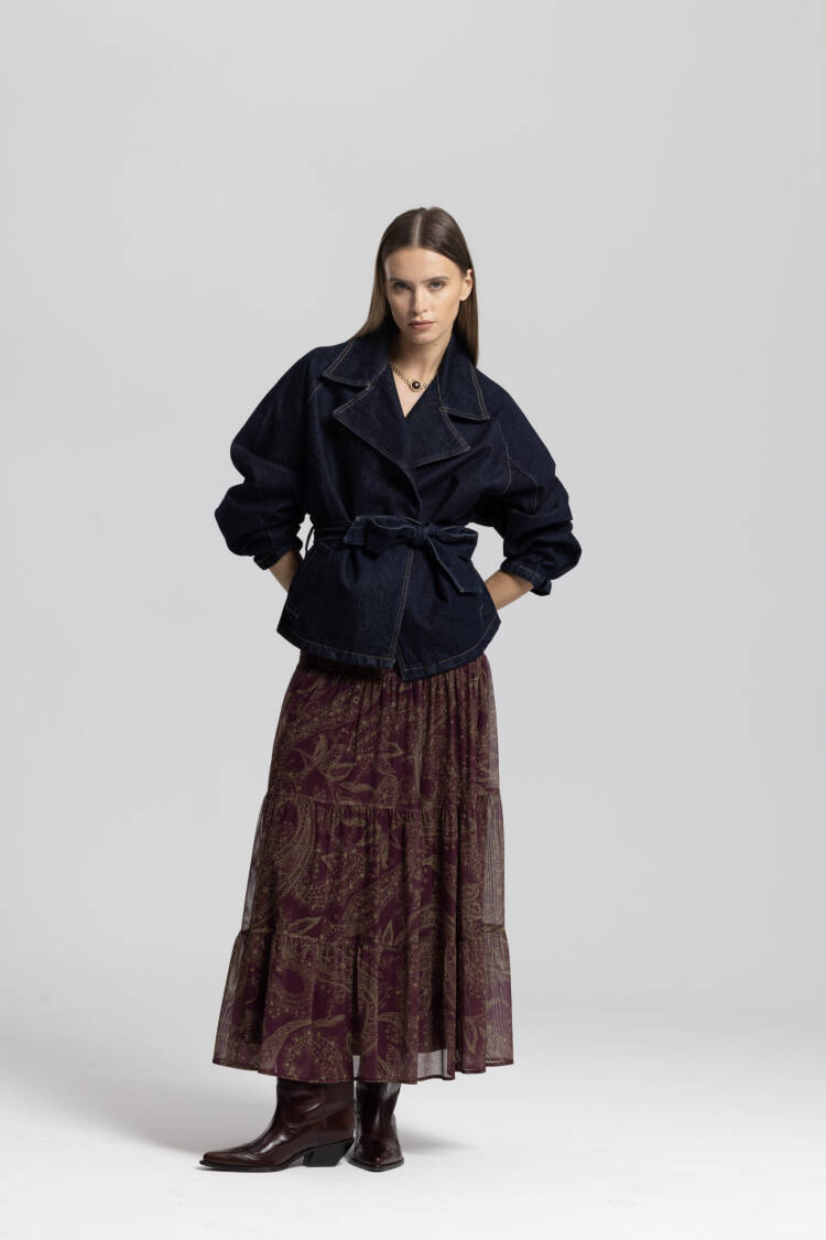 Claret Red Paisley Layered Maxi Boho Skirt High Waist