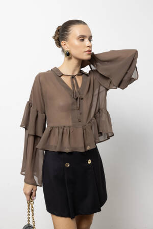 Brown Elegant V-Neck Ruffle Sleeve Shirt - Brand: Cream Rouge - Women & Kids, Baby Clothes Wholesale - Globality Store