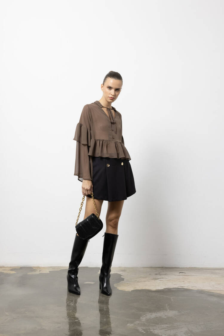 Brown Elegant V-Neck Ruffle Sleeve Shirt
