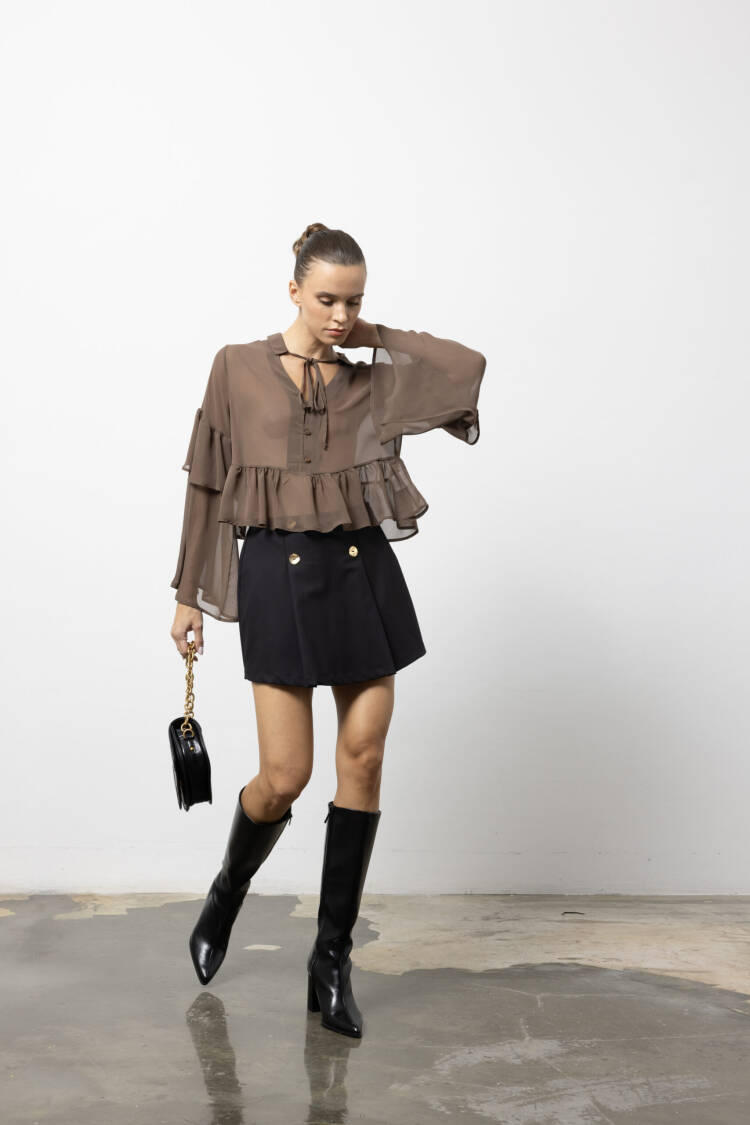 Brown Elegant V-Neck Ruffle Sleeve Shirt