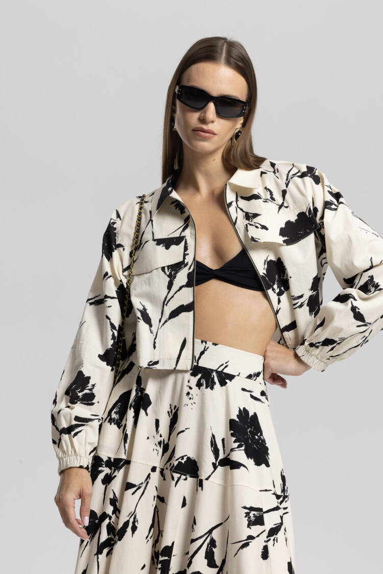 Black Trucker Jacket With Floral Pattern & Flap Pocket