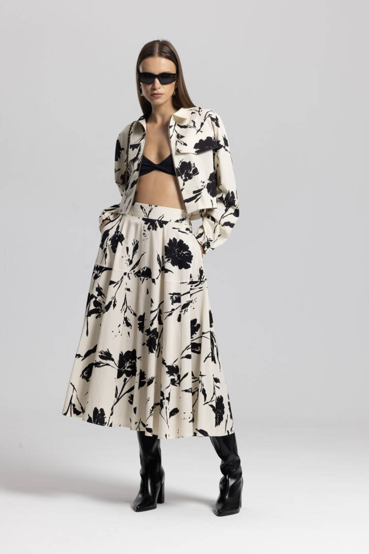 Beige Elegant Floral Flared Midi Skirt High Waist