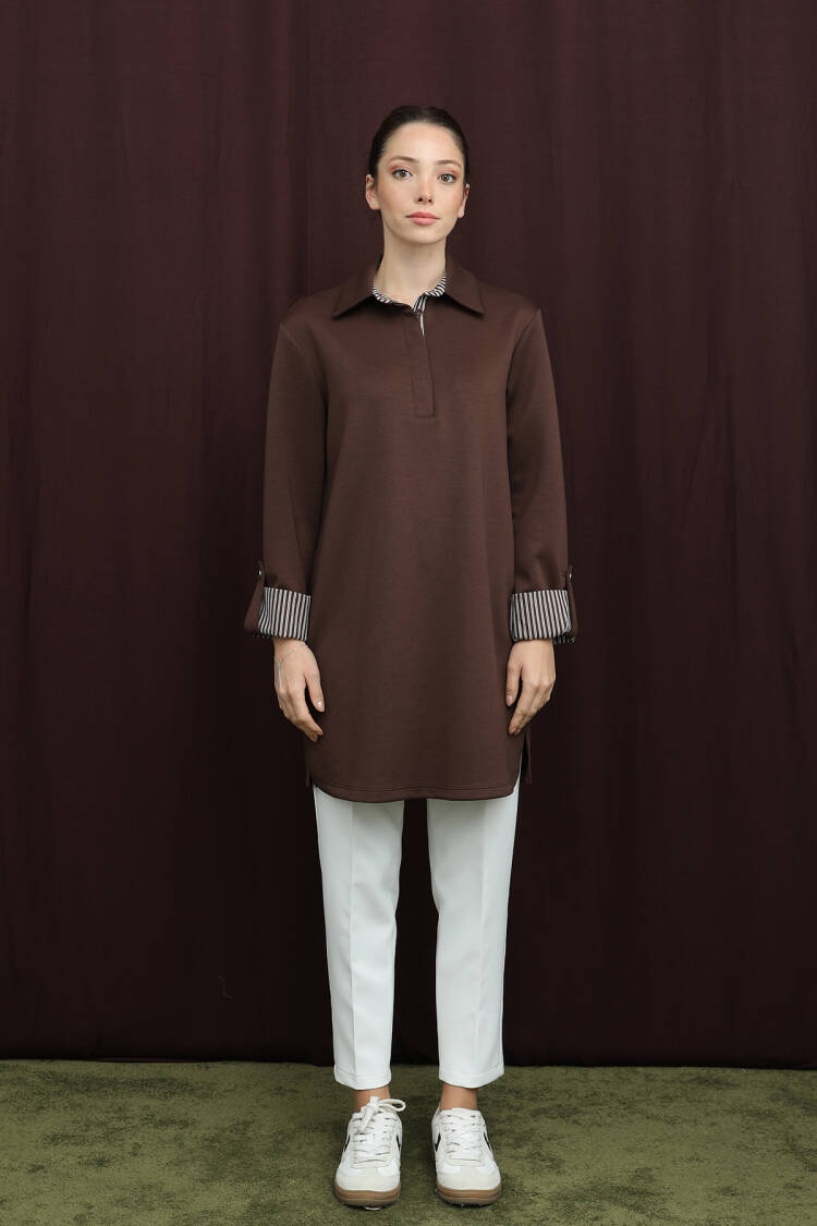 Striped Buttoned Notched Neck Tunic