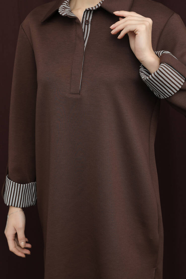 Striped Buttoned Notched Neck Tunic