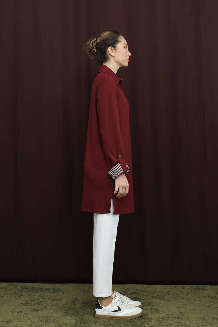 Claret Red Modest Zip-Up Tunic With Striped Notched Neck