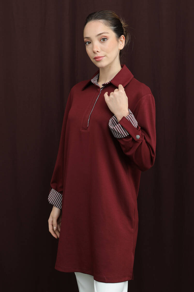 Claret Red Modest Zip-Up Tunic With Striped Notched Neck - Brand: Puane - Women & Kids, Baby Clothes Wholesale - Globality Store