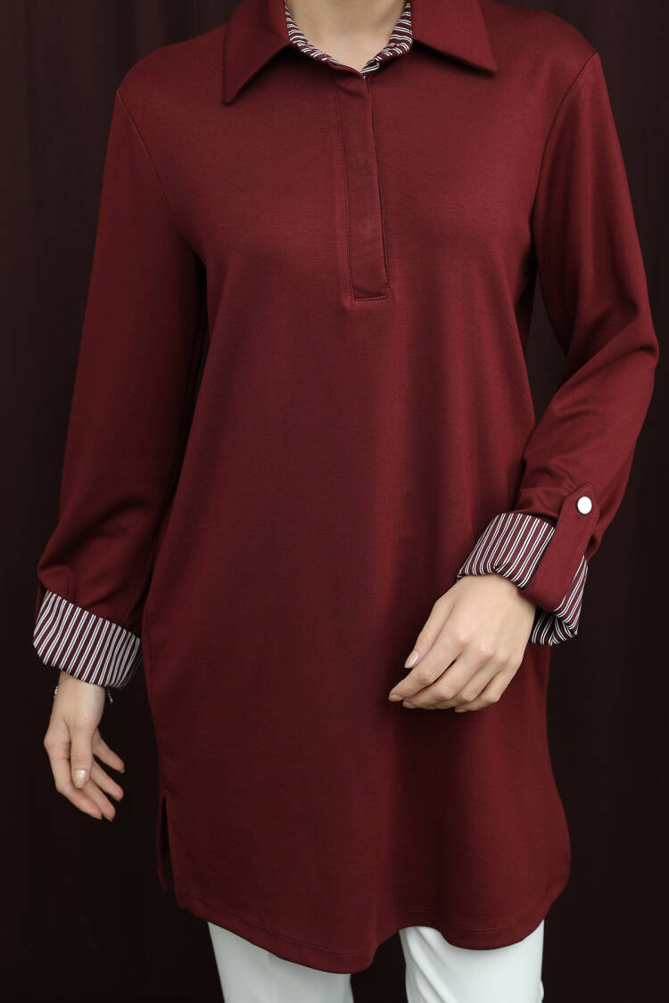 Claret Red Modest Zip-Up Tunic With Striped Notched Neck