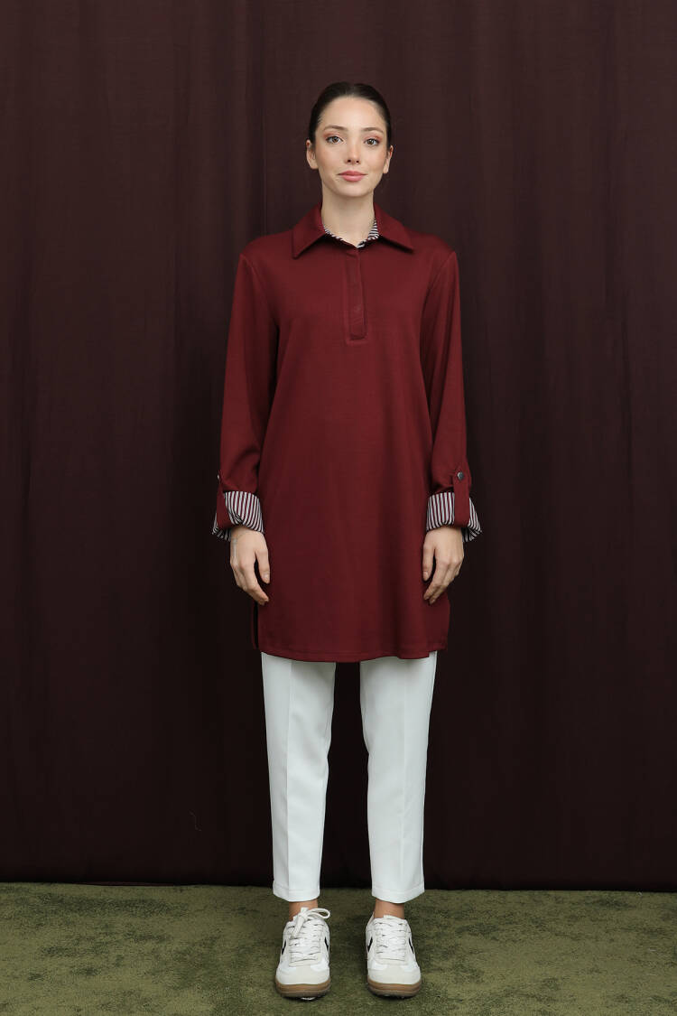 Claret Red Modest Zip-Up Tunic With Striped Notched Neck