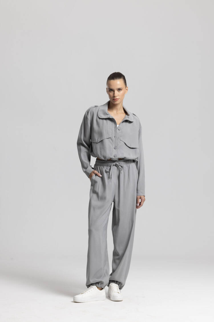 Grey Wide Leg Jogger Pants With Drawstring & Slant Pocket