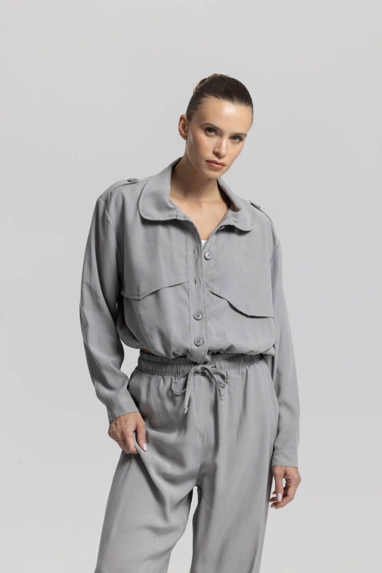 Grey Wide Leg Jogger Pants With Drawstring & Slant Pocket