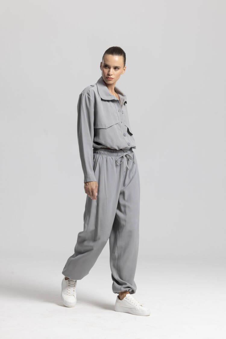 Grey Wide Leg Jogger Pants With Drawstring & Slant Pocket