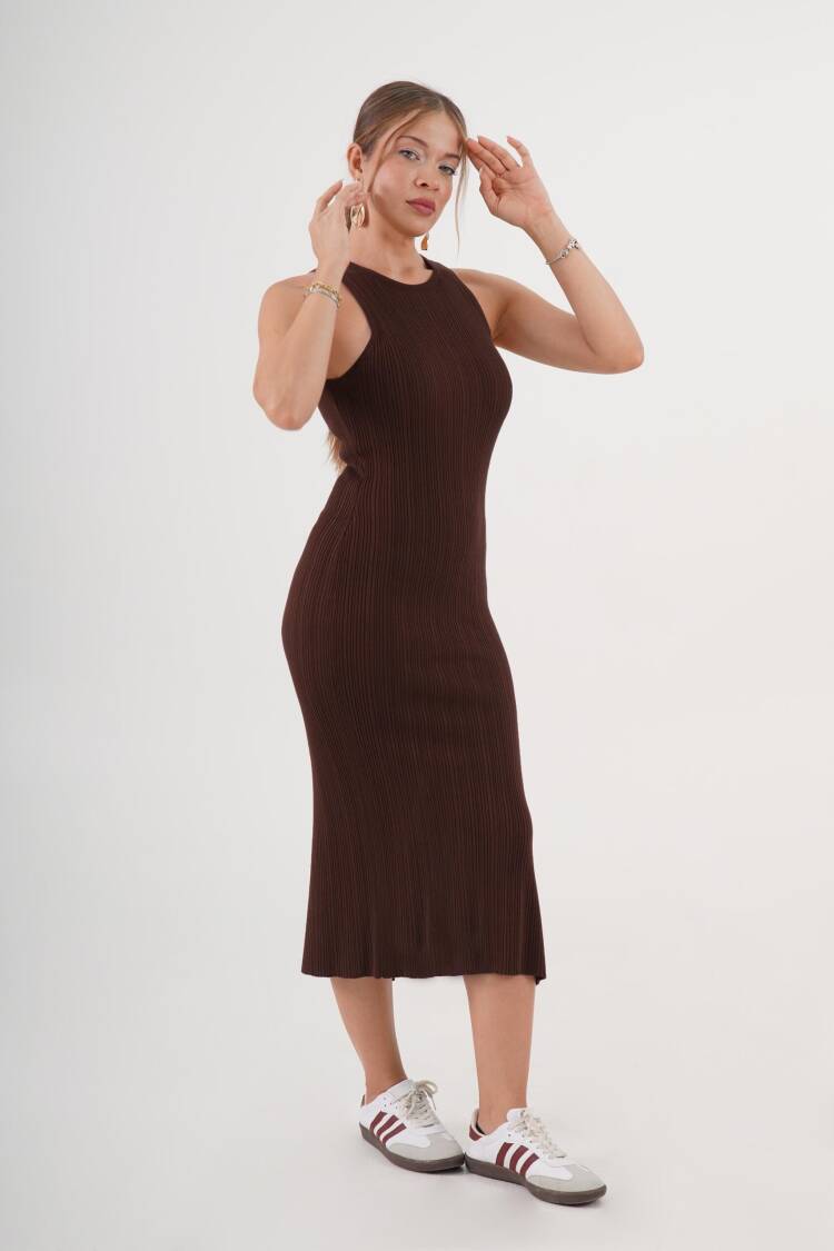 Brown Sleeveless Bodycon Midi Dress