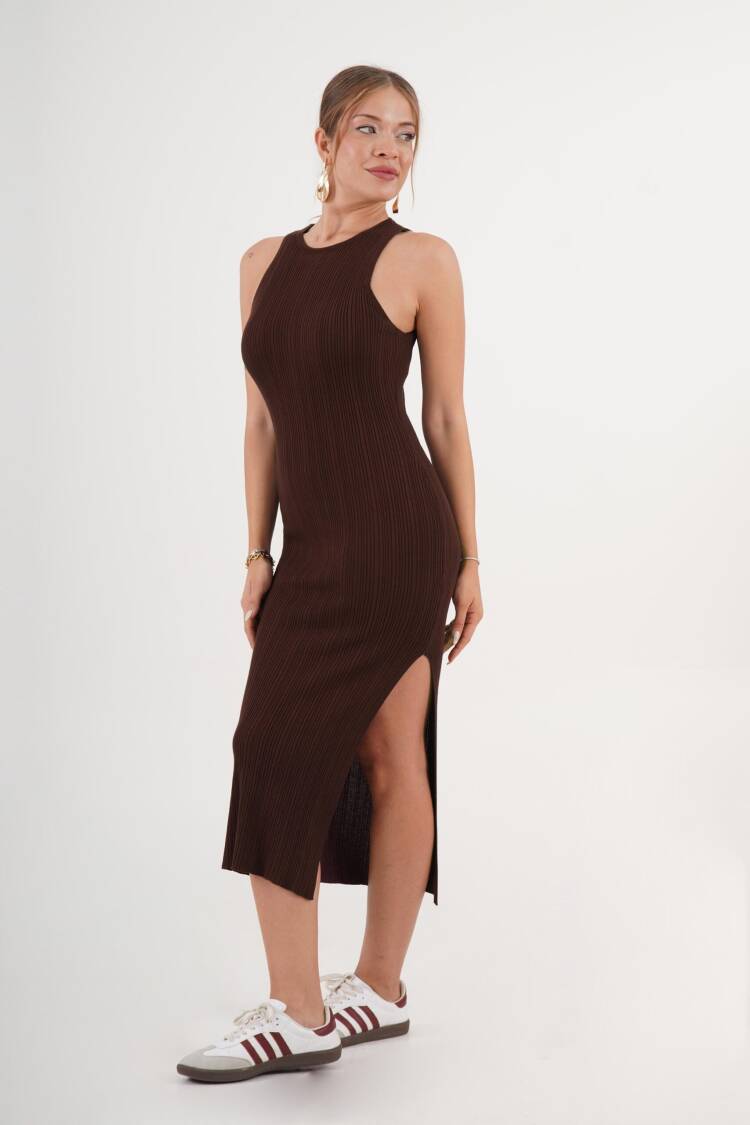 Brown Sleeveless Bodycon Midi Dress - Brand: Lustrin - Women & Kids, Baby Clothes Wholesale - Globality Store