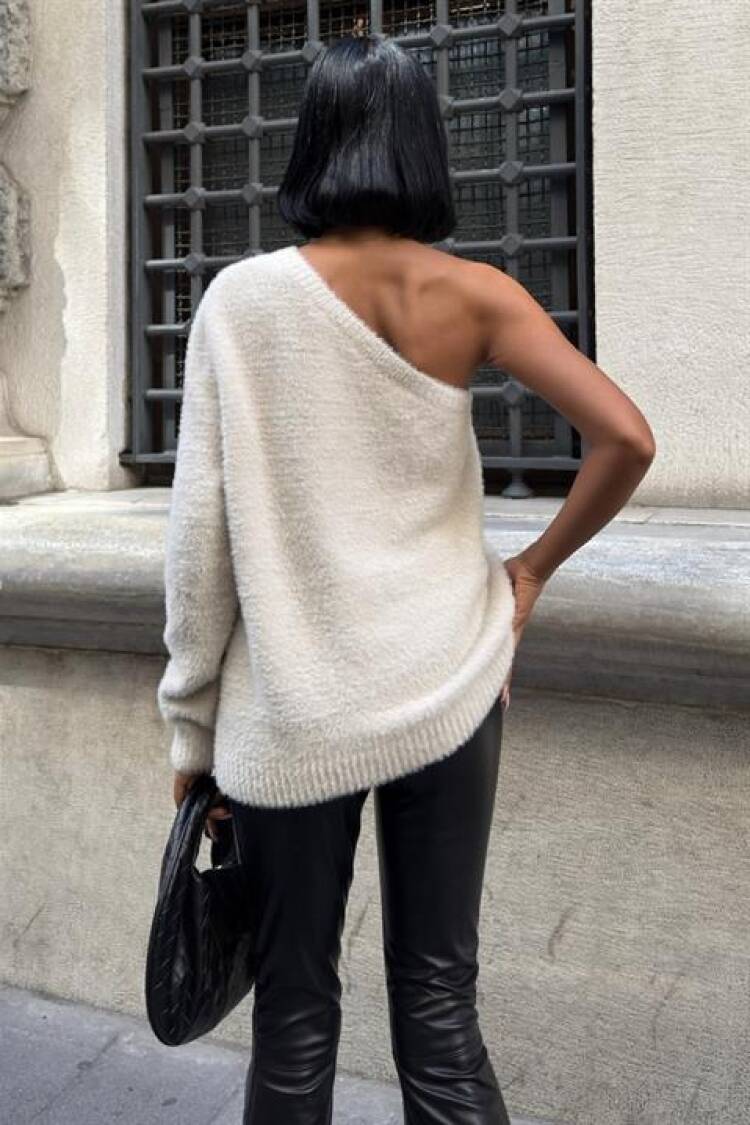 White Oversized Fit Sweater With One Shoulder Neck