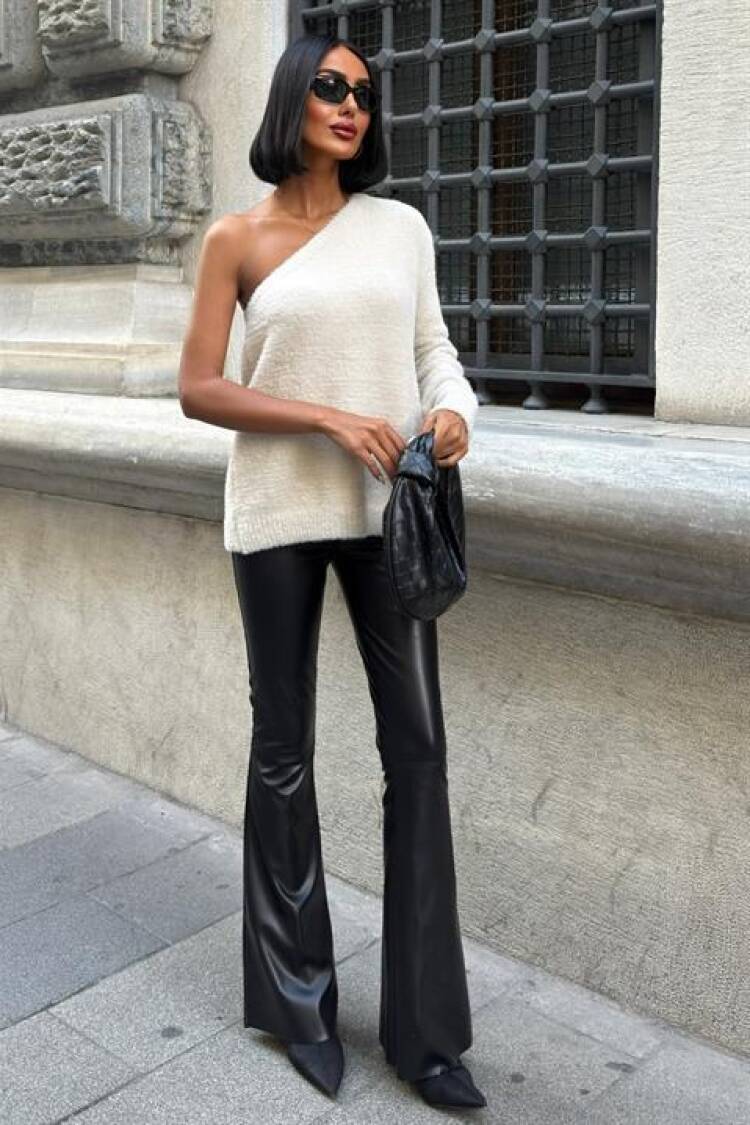 White Oversized Fit Sweater With One Shoulder Neck