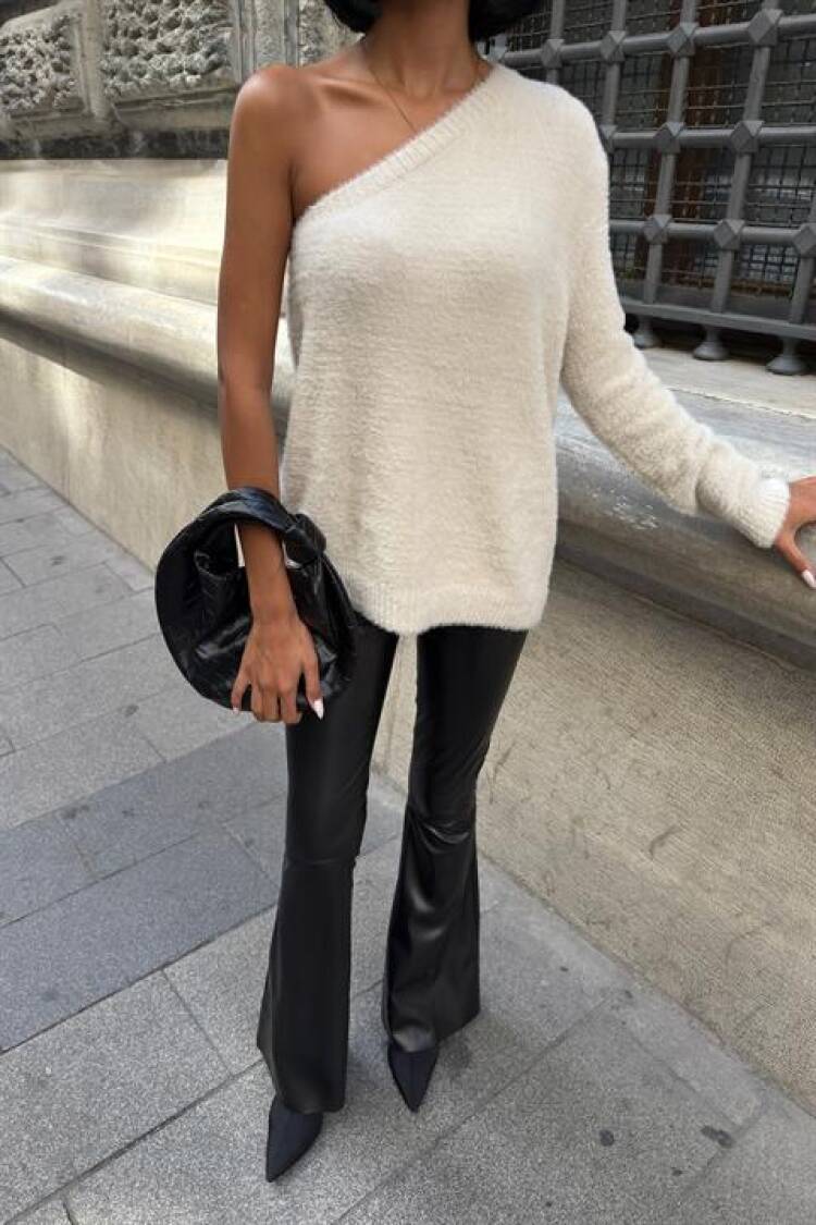 White Oversized Fit Sweater With One Shoulder Neck