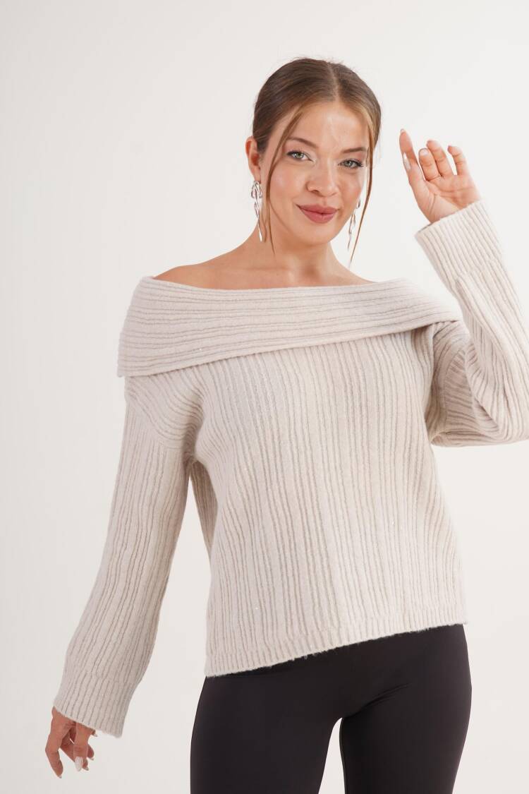 Beige Sweater With Off Shoulder Neck And Stripes - Brand: Lustrin - Women & Kids, Baby Clothes Wholesale - Globality Store