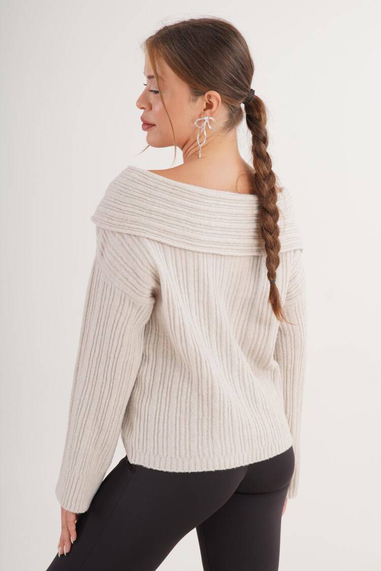 Beige Sweater With Off Shoulder Neck And Stripes