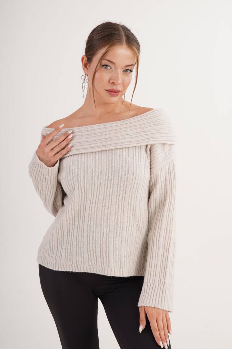 Beige Sweater With Off Shoulder Neck And Stripes