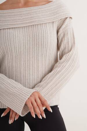 Beige Sweater With Off Shoulder Neck And Stripes - Brand: Lustrin - Women & Kids, Baby Clothes Wholesale - Globality Store