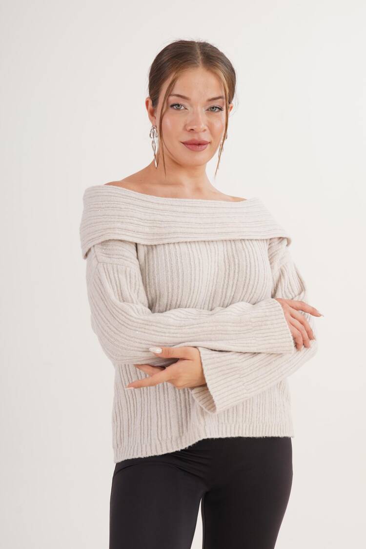 Beige Sweater With Off Shoulder Neck And Stripes