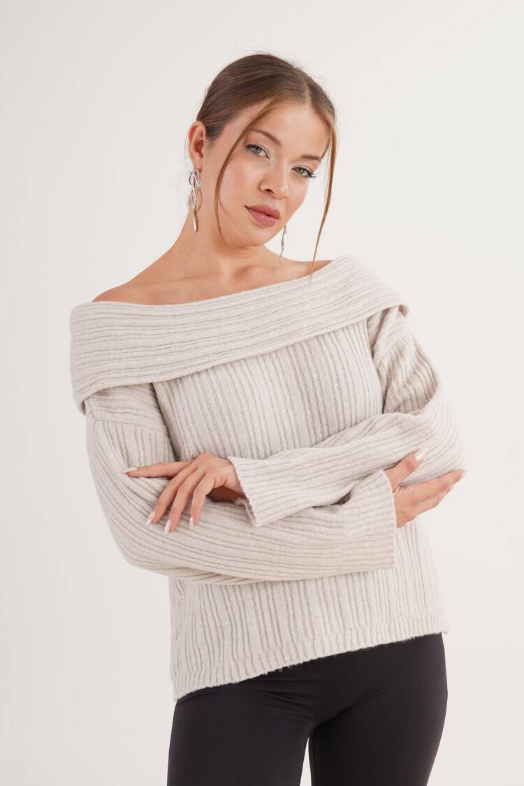 Beige Sweater With Off Shoulder Neck And Stripes